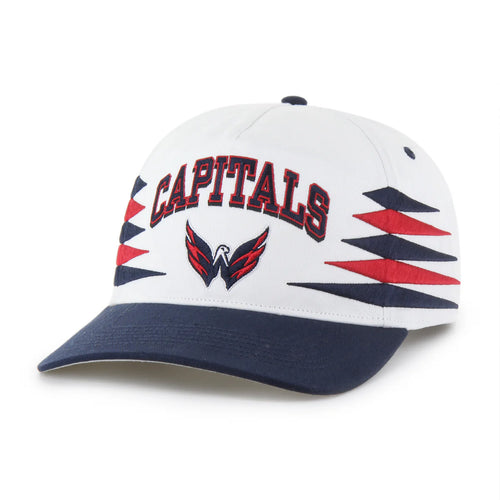 Stylish Washington Capitals NHL '47 Brand White Diamond Hitch Adjustable Snapback Hat showcasing vibrant blue color and unique diamond pattern, perfect for hockey fans.