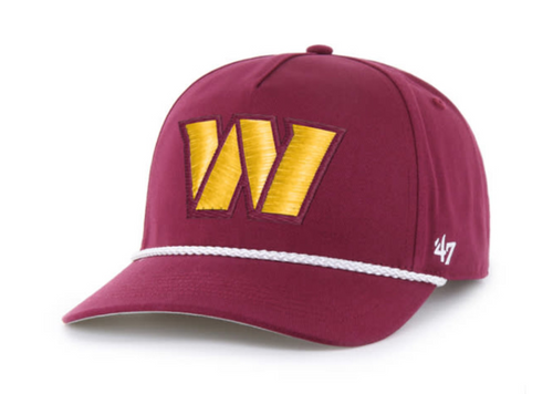 Washington Commanders NFL '47 Brand Red Rope Hitch Snapback Adjustable Hat showcasing its adjustable fit and unique rope detail, perfect for team spirit and comfort.