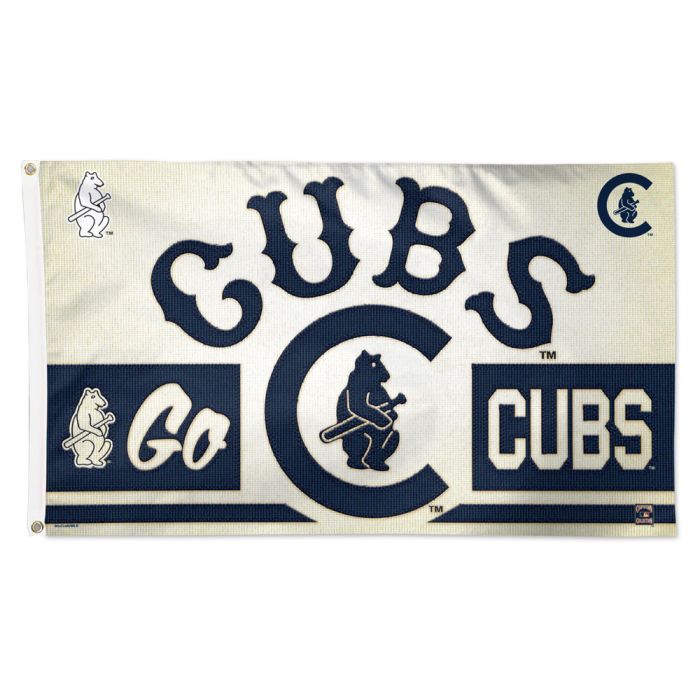 Chicago Cubs MLB Throwback White Deluxe 3' x 5' Flag by WinCraft showcasing the classic Cubs logo, perfect for indoor and outdoor display.