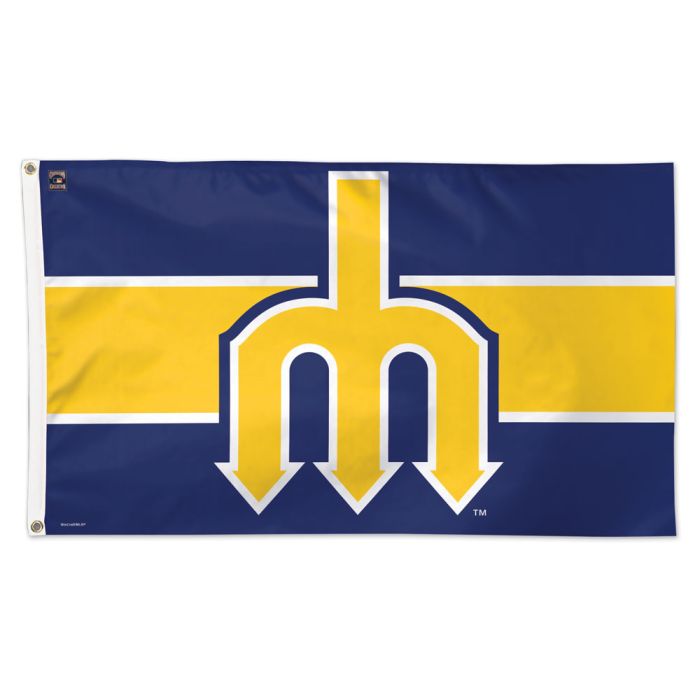 Seattle Mariners MLB Throwback Blue Deluxe 3' x 5' Flag by WinCraft, showcasing vibrant blue and green colors, perfect for displaying team pride indoors or outdoors.