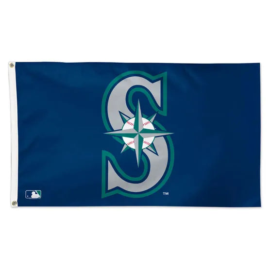 Seattle Mariners MLB Blue Deluxe 3' x 5' Flag by WinCraft showcasing vibrant team colors and logo, perfect for displaying team spirit.