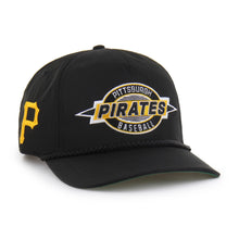 Load image into Gallery viewer, Pittsburgh Pirates MLB '47 Brand Black Hitch Rope Adjustable Snapback Hat featuring a stylish design, perfect for baseball fans.
