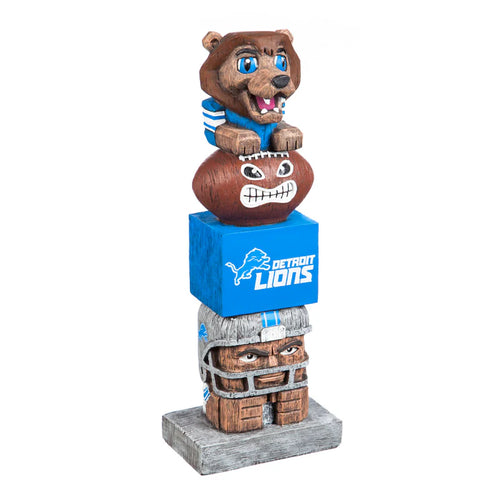 Detroit Lions NFL Vintage Tiki statue by Evergreen Enterprises standing 16 inches tall, showcasing vibrant blue and silver colors with the iconic team logo.