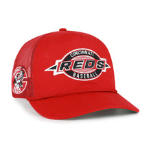 Load image into Gallery viewer, Cincinnati Reds MLB '47 Brand Throwback Red Hitch Rope Adjustable Snapback Hat showcasing the vibrant red color and comfortable fit, ideal for fans seeking a stylish Cincinnati Reds hat.
