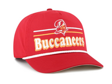 Load image into Gallery viewer, Tampa Bay Buccaneers NFL &#39;47 Throwback Red Hitch Rope Snapback Adjustable Hat showcasing vibrant red color and retro design, perfect for fans of the Tampa Bay Buccaneers hat.
