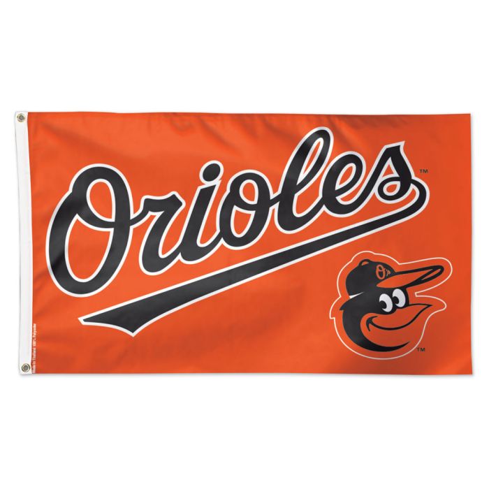 Baltimore Orioles MLB Orange Deluxe 3' x 5' Flag from WinCraft showcasing the vibrant orange color and iconic team logo, perfect for displaying team spirit at home or outdoors.