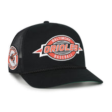 Load image into Gallery viewer, Baltimore Orioles MLB '47 Throwback Black Hitch Rope Adjustable Snapback Hat, showcasing a vintage design perfect for fans and collectors of Baltimore Orioles hats.
