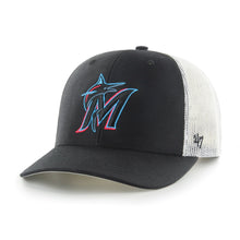 Load image into Gallery viewer, Miami Marlins MLB '47 Brand Black Trucker Mesh Adjustable Strapback Hat, perfect for fans looking to showcase their team spirit with this stylish Miami Marlins hat.

