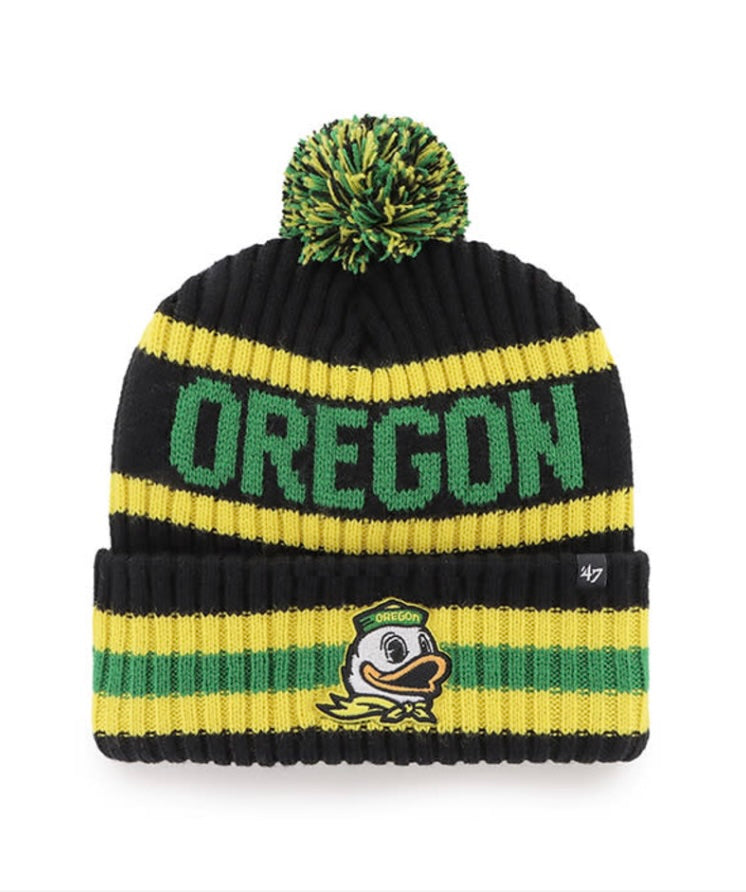 Oregon Ducks NCAA '47 Brand Winter Beanie Knit Ski Cap Hat featuring the iconic Oregon Ducks logo, designed for warmth and team spirit during winter activities.