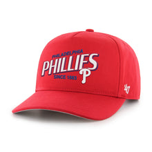 Load image into Gallery viewer, Philadelphia Phillies MLB '47 Brand Red Hitch Adjustable Snapback Hat, a stylish adjustable baseball cap designed for fans, featuring the iconic Philadelphia Phillies logo. Perfect Philadelphia Phillies hat for game days and casual wear.
