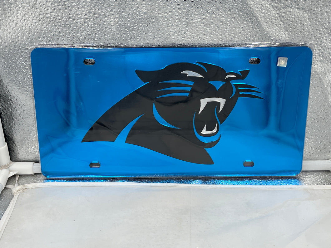 Carolina Panthers NFL Blue Acrylic Lasercut License Plate by WinCraft showcasing vibrant blue color and detailed lasercut logo, perfect for vehicle personalization and team pride display.