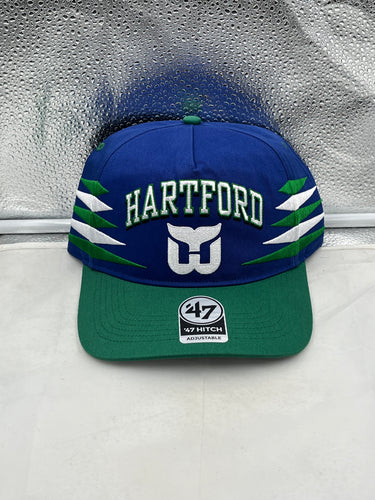 Hartford Whalers NHL '47 Brand Blue Diamond Hitch Adjustable Snapback Hat showcasing a stylish blue design perfect for fans.