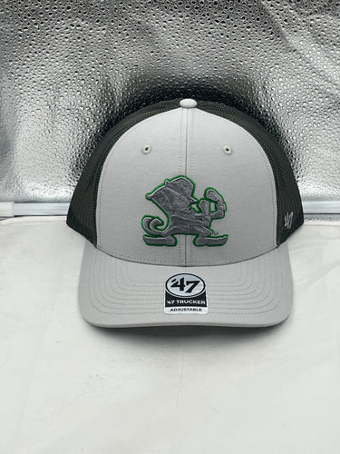 Notre Dame Fighting Irish NCAA '47 Brand Gray Adjustable Trucker Snapback Hat displayed at an angle showcasing the front logo.