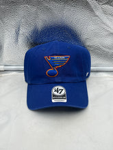 Load image into Gallery viewer, St Louis Blues NHL &#39;47 Brand Throwback Blue Clean Up Adjustable Strapback Hat showcasing the team&#39;s logo and stylish design for avid hockey fans.
