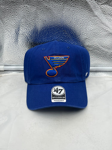 St Louis Blues NHL '47 Brand Throwback Blue Clean Up Adjustable Strapback Hat showcasing the team's logo and stylish design for avid hockey fans.
