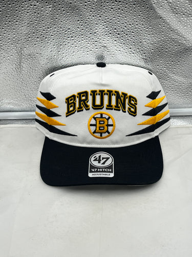 Boston Bruins NHL '47 Brand White Diamond Hitch Adjustable Snapback Hat showcasing stylish design and team colors