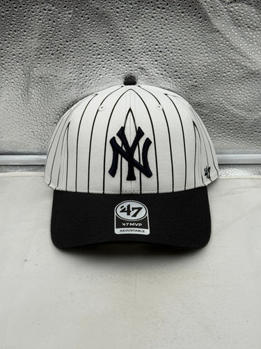 New York Yankees MLB '47 Brand White Pinstripe Two Tone MVP Adjustable Hat featuring a stylish pinstripe design, perfect for fans of the New York Yankees hat.