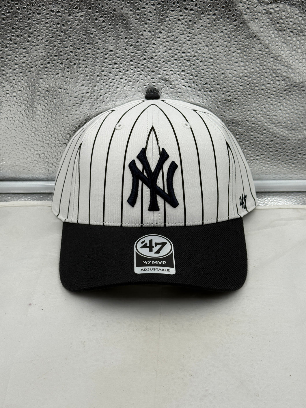 New York Yankees MLB '47 Brand White Pinstripe Two Tone MVP Adjustable Hat featuring a stylish pinstripe design, perfect for fans of the New York Yankees hat.