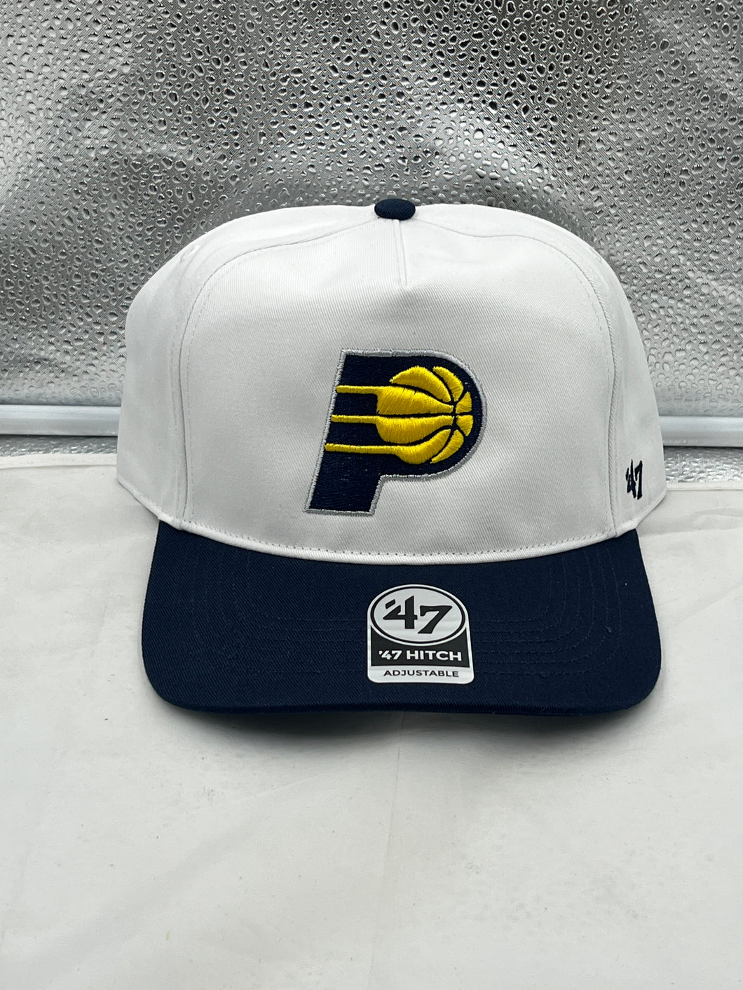Indiana Pacers NBA '47 Brand White Two Tone Hitch Adjustable Snapback Hat front view showcasing the vibrant design and team logo.
