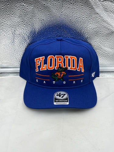 Florida Gators NCAA '47 Throwback Blue Roscoe Hitch Adjustable Snapback Hat front view showcasing vibrant blue color and iconic logo.