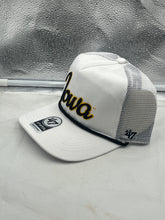 Load image into Gallery viewer, Iowa Hawkeyes NCAA 47 Brand White Script Rope Hitch Mesh Adjustable Snapback Hat showing the stylish design with white script on black background.
