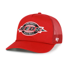 Load image into Gallery viewer, Close-up view of the Cincinnati Reds MLB '47 Brand Throwback Red Hitch Rope Adjustable Snapback Hat, highlighting the iconic logo and adjustable features, perfect for Cincinnati Reds hat enthusiasts.
