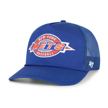 Load image into Gallery viewer, Close-up of New York Mets MLB '47 Brand Throwback Blue Hitch Rope Adjustable Snapback Hat - Featuring the iconic logo, perfect for fans and collectors.
