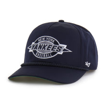 Load image into Gallery viewer, Close-up view of New York Yankees MLB '47 Brand Navy Hitch Rope Adjustable Snapback Hat featuring logo detail, ideal for every New York Yankees hat enthusiast.
