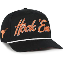 Load image into Gallery viewer, Texas Longhorns NCAA '47 Brand Script Black Rope Hitch Adjustable Snapback Hat displayed - perfect Texas Longhorns hat for fans showing team spirit.
