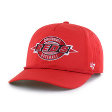 Load image into Gallery viewer, Front view of the Cincinnati Reds MLB '47 Brand Red Hitch Rope Adjustable Snapback Hat showcasing the bold team logo, an ideal Cincinnati Reds hat for baseball enthusiasts.
