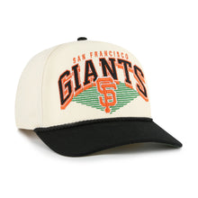 Load image into Gallery viewer, Close-up view of San Francisco Giants MLB '47 Natural Two Tone Hitch Rope Adjustable Snapback Hat showcasing the embroidered team logo - perfect for any San Francisco Giants hat collector.
