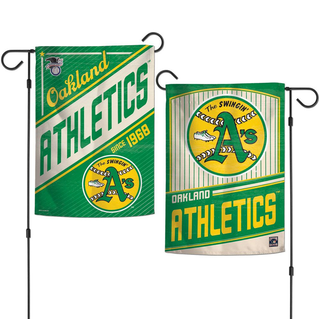 Oakland Athletics MLB Throwback Double Sided Garden Flag 12' x 18' Yard Banner featuring the classic Athletics logo, ideal for showcasing team spirit in gardens and outdoor spaces.