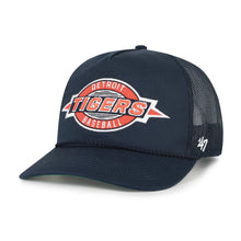 Load image into Gallery viewer, Close-up view of the Detroit Tigers MLB '47 Brand Throwback Navy Hitch Rope Adjustable Snapback Hat showcasing its unique design, ideal for a true Detroit Tigers hat enthusiast.
