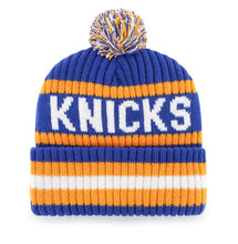 Load image into Gallery viewer, New York Knicks NBA '47 Brand Royal Bering Knit Cuff Cap Beanie displaying the official Knicks logo, a stylish and cozy accessory for passionate New York Knicks fans looking to stay warm.

