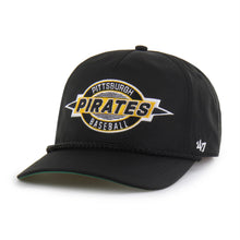 Load image into Gallery viewer, Close-up view of the Pittsburgh Pirates hat showing the adjustable snapback feature and unique rope detail.
