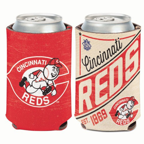 Cincinnati Reds Throwback MLB 2-Sided Koozies Can Cooler by WinCraft displaying vibrant team colors and logos, perfect for game day and outdoor gatherings.