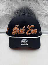 Load image into Gallery viewer, Texas Longhorns NCAA '47 Brand Script Black Rope Hitch Adjustable Snapback Hat showcasing team spirit and stylish design, ideal for fans of the Texas Longhorns hat.
