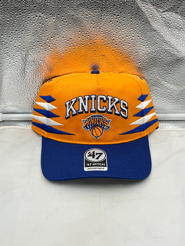 New York Knicks NBA '47 Brand Orange Diamond Hitch Adjustable Snapback Hat showcasing vibrant orange color and logo design, perfect for fans and collectors.