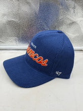 Load image into Gallery viewer, Close-up of the Denver Broncos NFL '47 Throwback Corduroy Blue Hitch Snapback Adjustable Hat showcasing its vibrant blue color and team logo.
