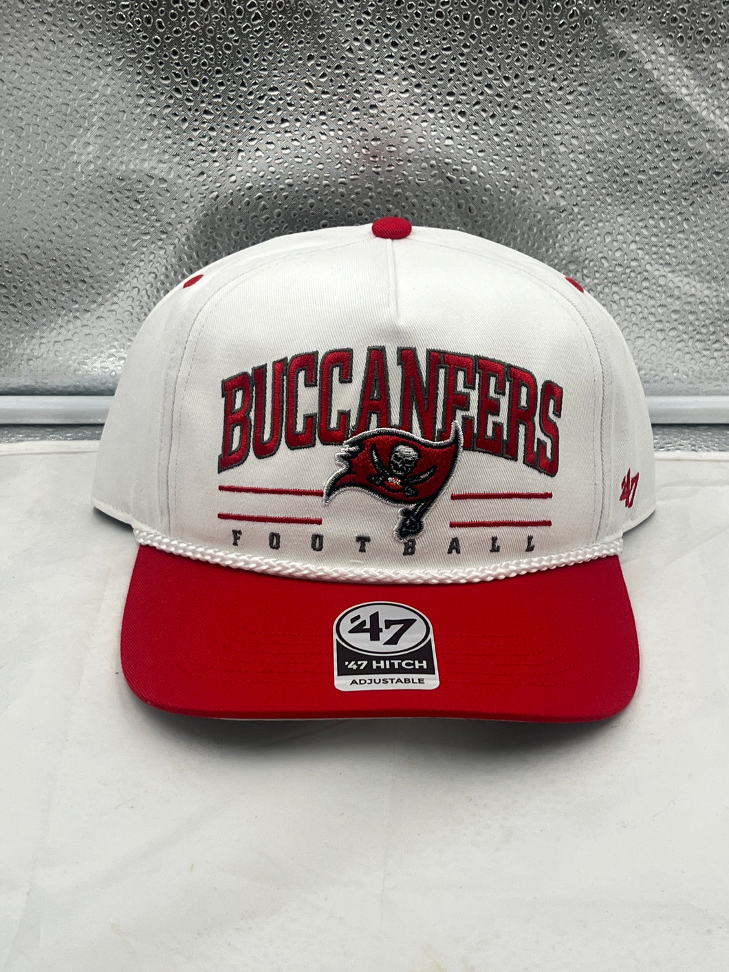 Tampa Bay Buccaneers NFL '47 White TT Roscoe Hitch Rope Snapback Adjustable Hat showing a stylish trucker design with a vibrant white color and Buccaneers logo.
