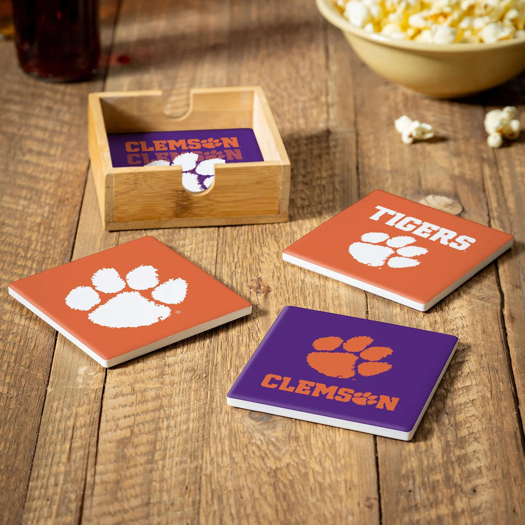 Clemson Tigers NCAA Set of 4 Ceramic Coasters by Evergreen Enterprises featuring the team's logo, perfect for fans and home decor, highlighting Clemson Tigers Coasters.