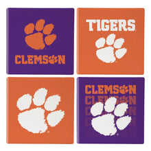 Load image into Gallery viewer, Set of 4 Clemson Tigers NCAA Ceramic Coasters designed by Evergreen Enterprises, showcasing the vibrant colors and logo, ideal for displaying Clemson Tigers Coasters.
