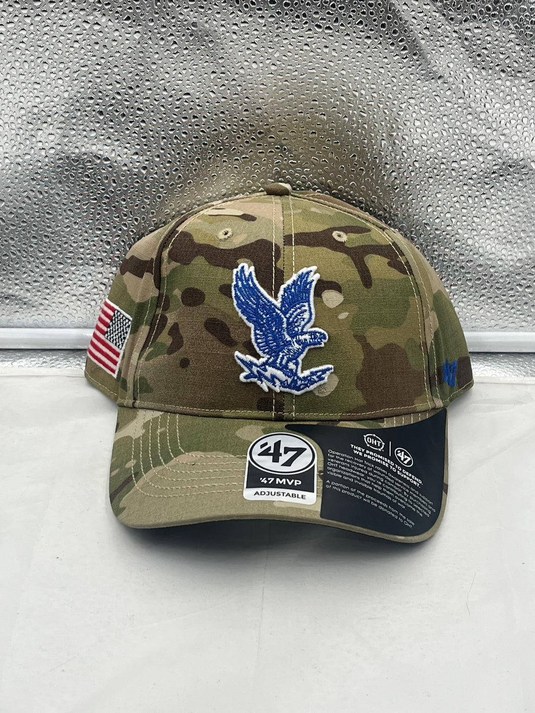 AIr Force Fighting Falcons NCAA '47 Brand Camo MVP Adjustable Hat showcasing its unique camouflage design and adjustable fit, perfect for fans to support their team in style during games or casual outings.