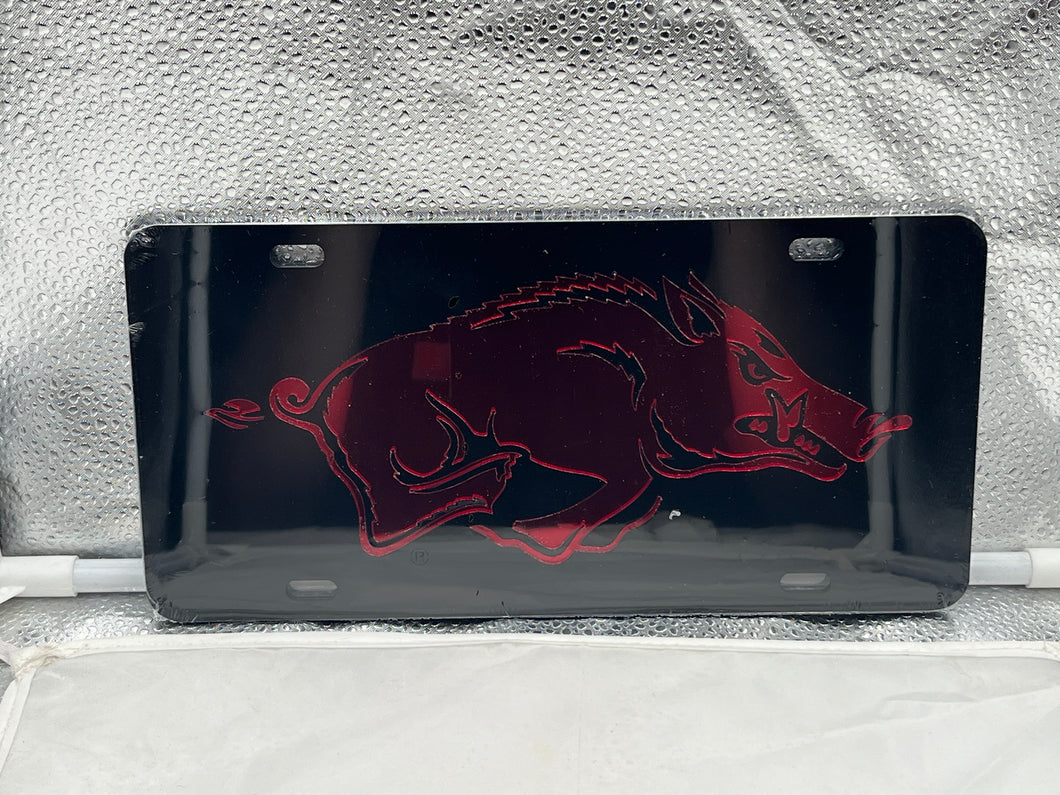 Arkansas Razorbacks NCAA Black Mirrored Laser Cut License Plate Craftique