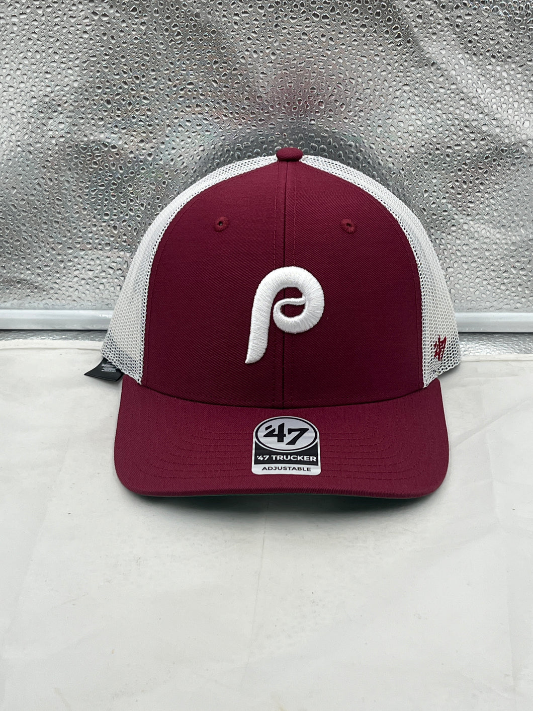 Philadelphia Phillies MLB '47 Throwback Red Trucker Snapback Adjustable Hat showcasing the vintage logo and vibrant red color, ideal for die-hard fans.