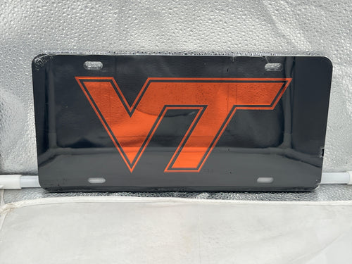 Virginia Tech Hokies NCAA Black Mirrored Laser Cut License Plate by Craftique showing vibrant black mirrored finish and professional laser-cut logo, perfect for showcasing school spirit.