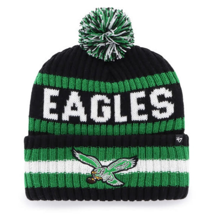 Philadelphia Eagles NFL '47 Brand Throwback Winter Beanie Knit Ski Cap Hat, showcasing the bold Eagles logo and classic throwback design, perfect for staying warm during game days and outdoor activities.