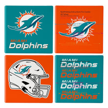 Load image into Gallery viewer, Miami Dolphins Coasters in a stylish arrangement, emphasizing the lively colors and branding of the Miami Dolphins, great for any NFL enthusiast.
