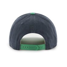 Load image into Gallery viewer, Close-up of the Notre Dame Fighting Irish NCAA &#39;47 Navy Two Tone Hitch Adjustable Snapback Hat featuring embroidered team logo and adjustable snapback for comfort.
