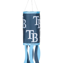 Load image into Gallery viewer, Tampa Bay Rays Windsock hanging outdoors, demonstrating its perfect size of 40" x 6", an essential accessory for Rays fans.
